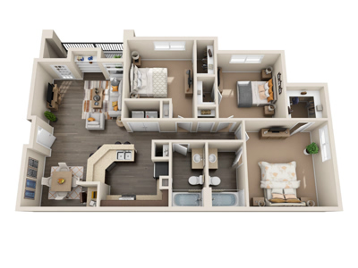 C1 - Three Bedroom / Two Bath - 1,258 Sq. Ft.*